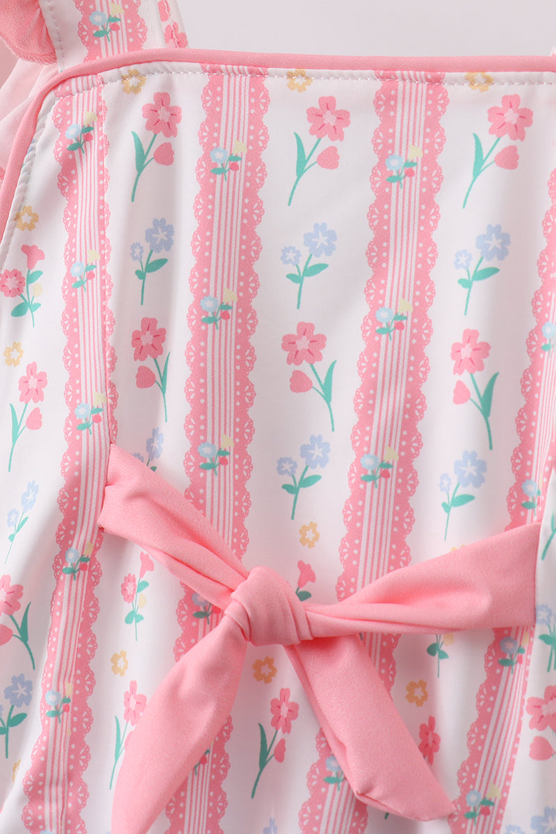 Maillot de bain à volants et nœud, imprimé floral rose poudré