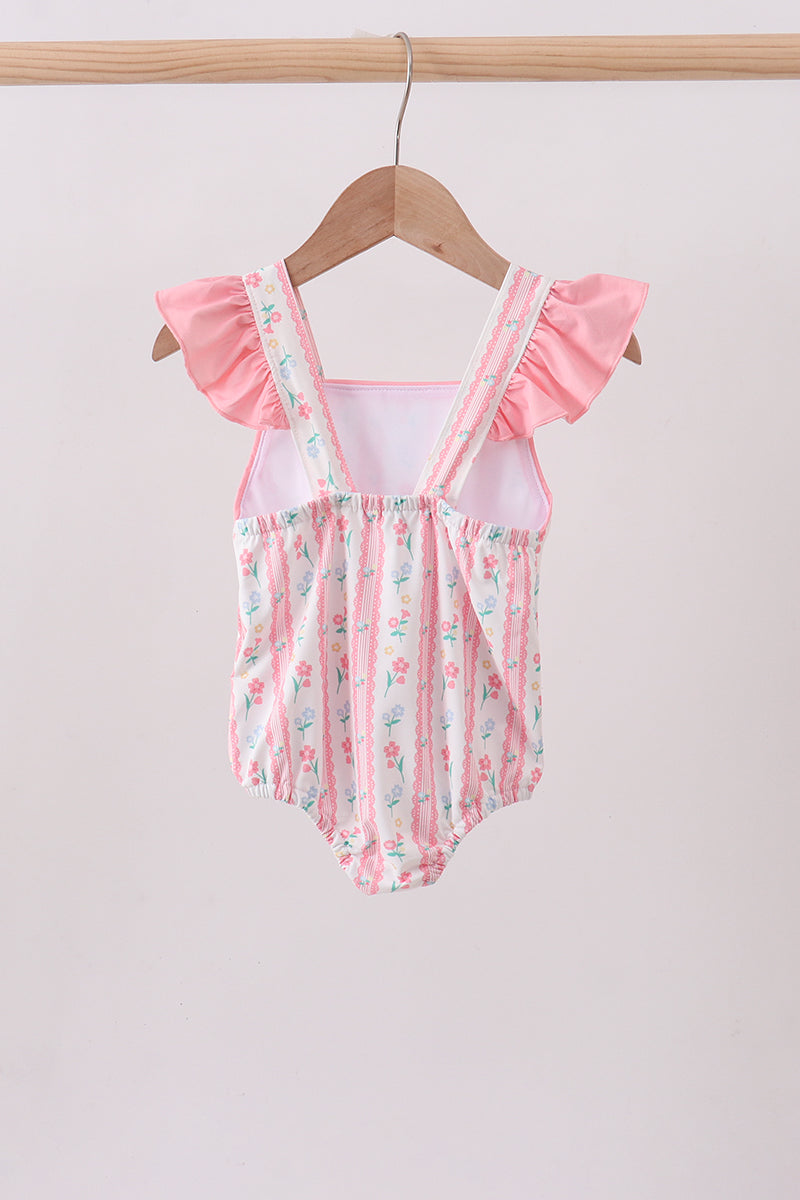 Maillot de bain à volants et nœud, imprimé floral rose poudré