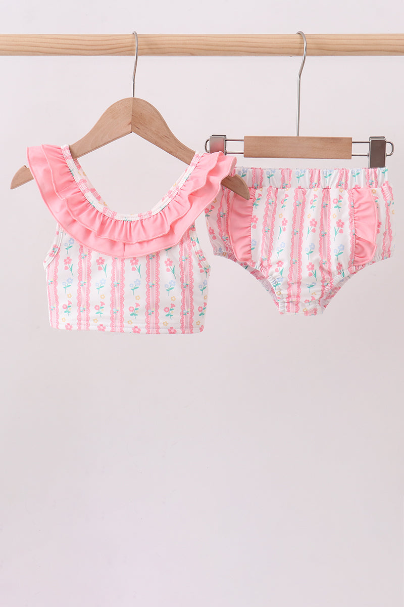 Maillot de bain 2 pièces à volants imprimé floral rose poudré