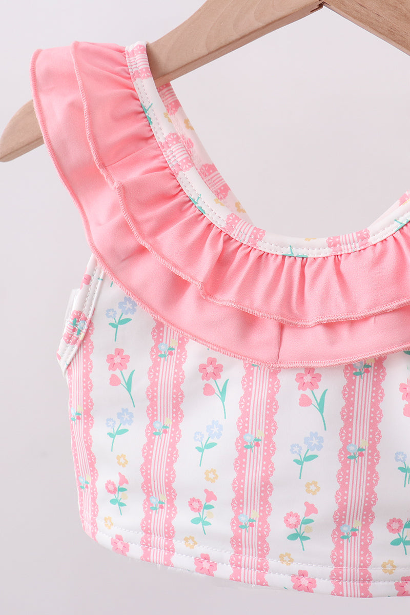Maillot de bain 2 pièces à volants imprimé floral rose poudré