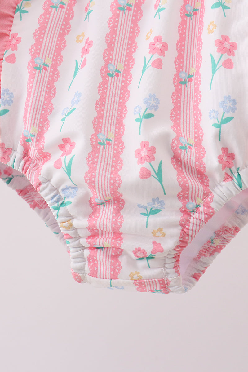 Maillot de bain 2 pièces à volants imprimé floral rose poudré