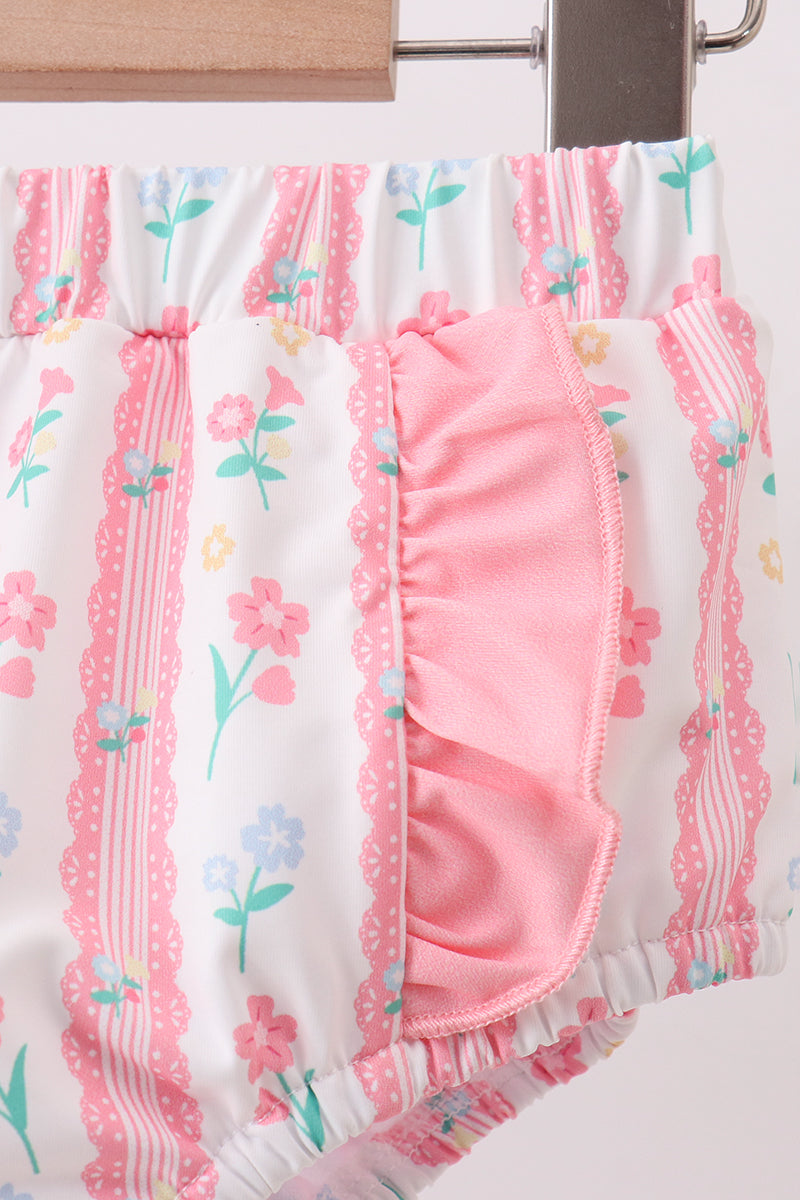 Maillot de bain 2 pièces à volants imprimé floral rose poudré