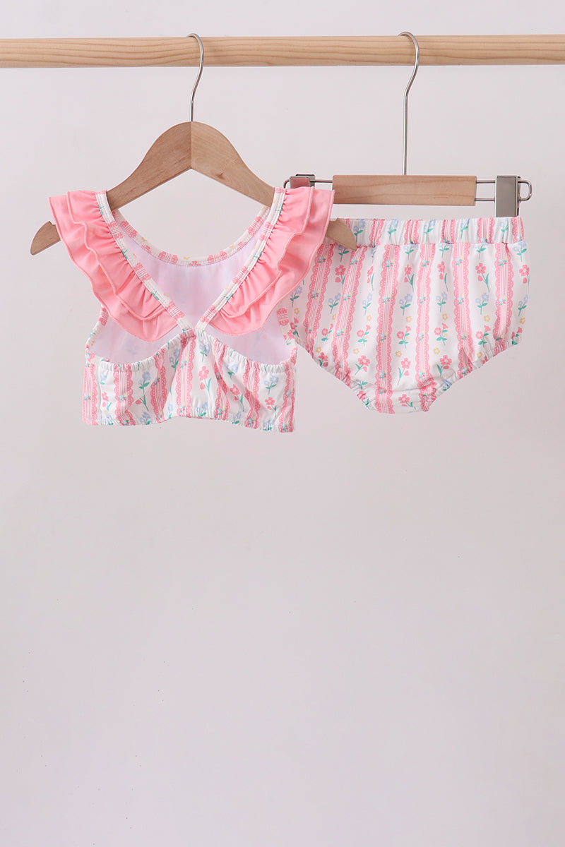 Maillot de bain 2 pièces à volants imprimé floral rose poudré