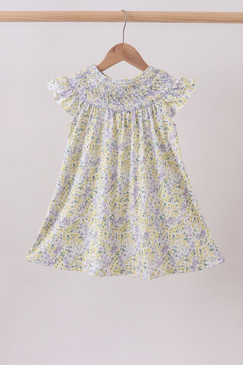 Robe à smocks à volants et motifs floraux "Golden Meadow"