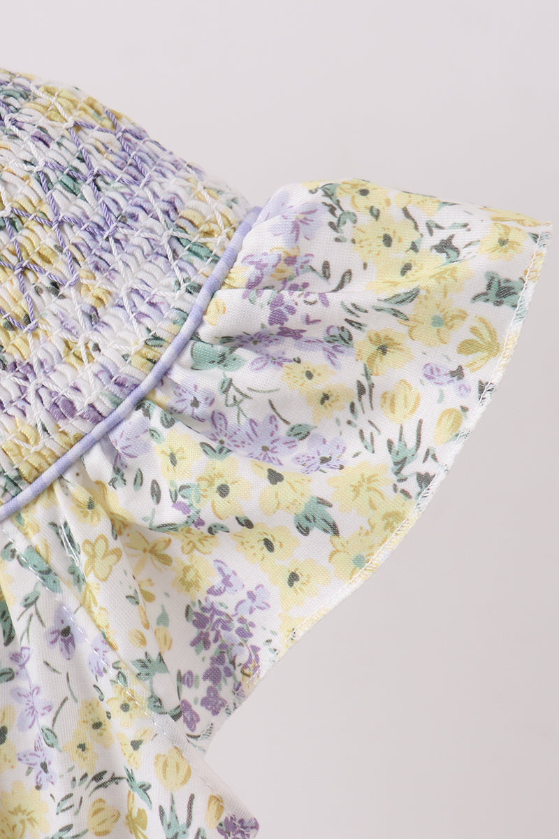 Robe à smocks à volants et motifs floraux "Golden Meadow"