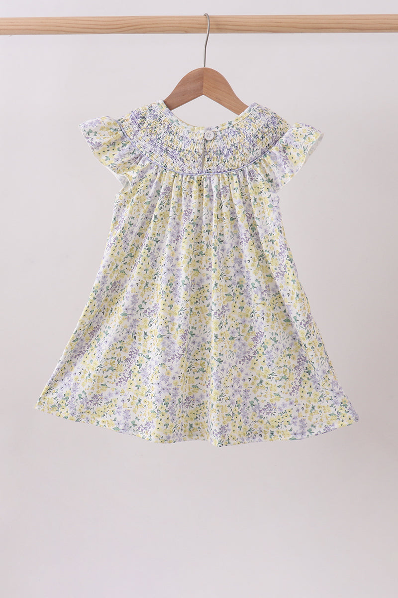 Robe à smocks à volants et motifs floraux "Golden Meadow"