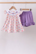 Ensemble short smocké à volants, motif nœud papillon, rose violet