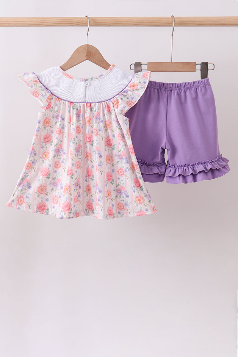 Ensemble short smocké à volants, motif nœud papillon, rose violet