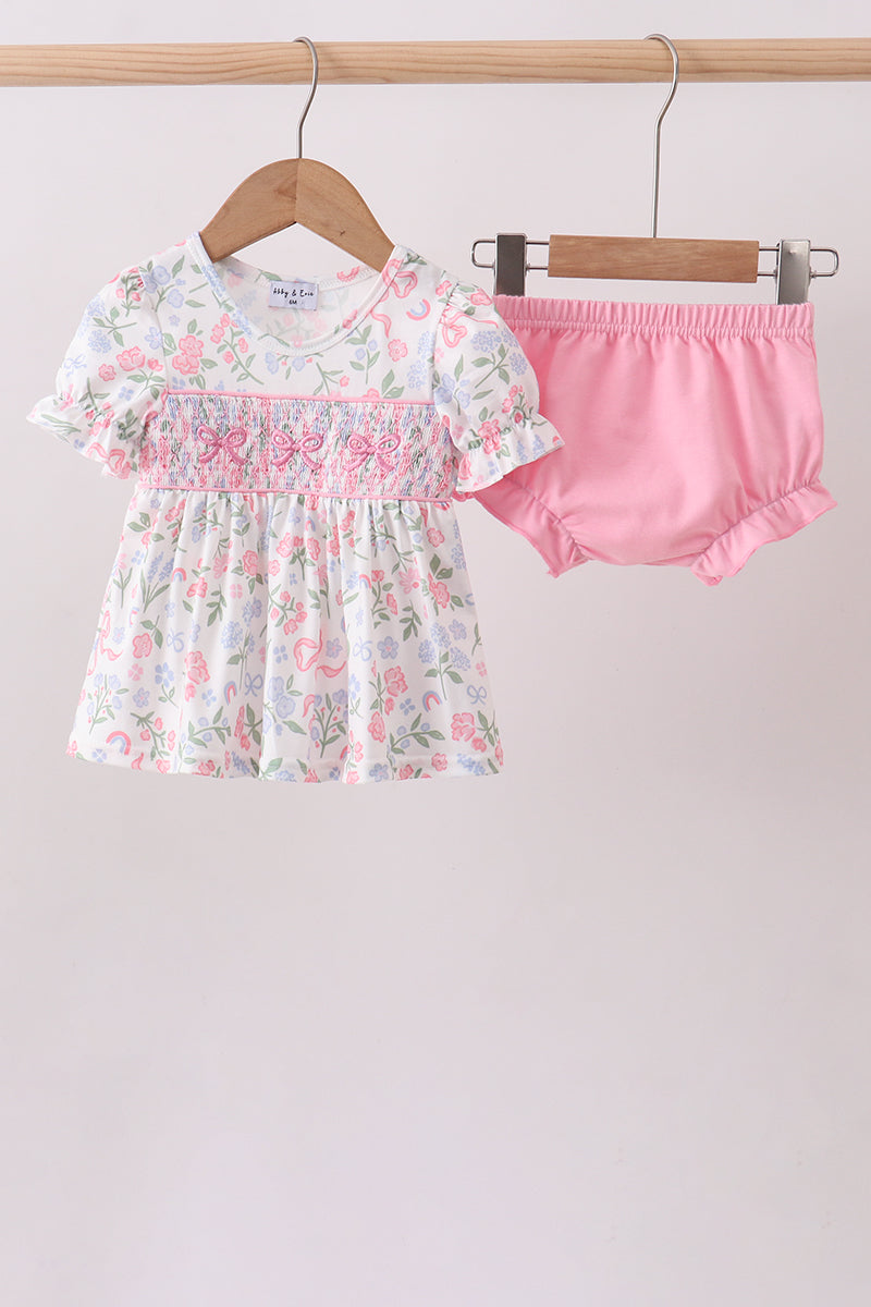 Ensemble barboteuse à smocks et volants, imprimé floral rose