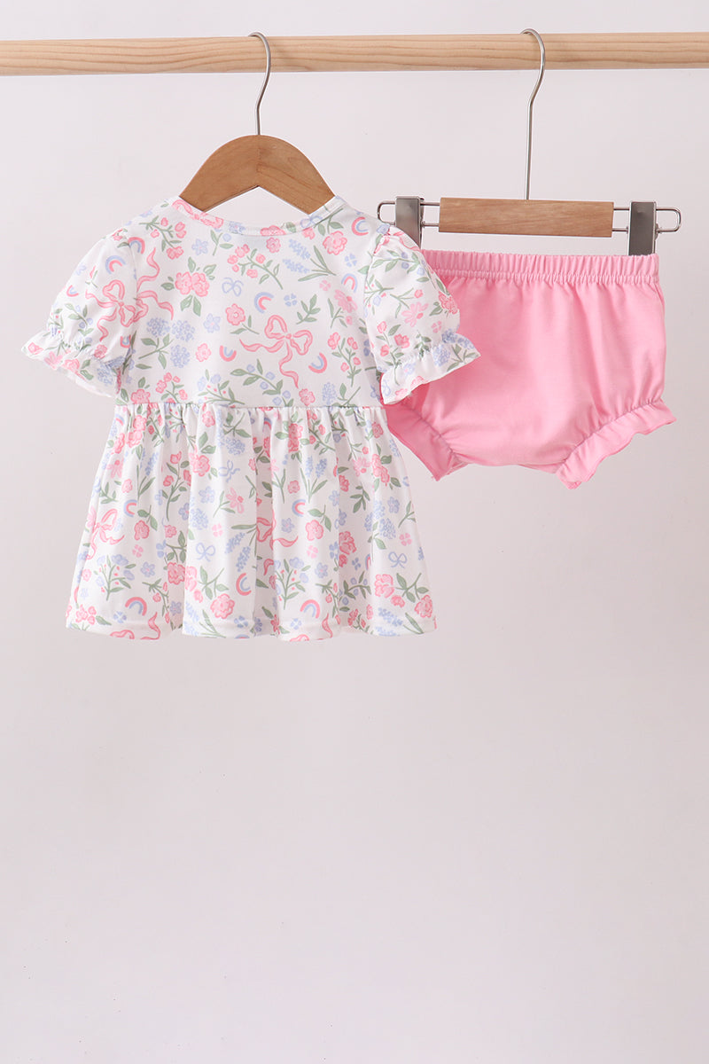 Ensemble barboteuse à smocks et volants, imprimé floral rose
