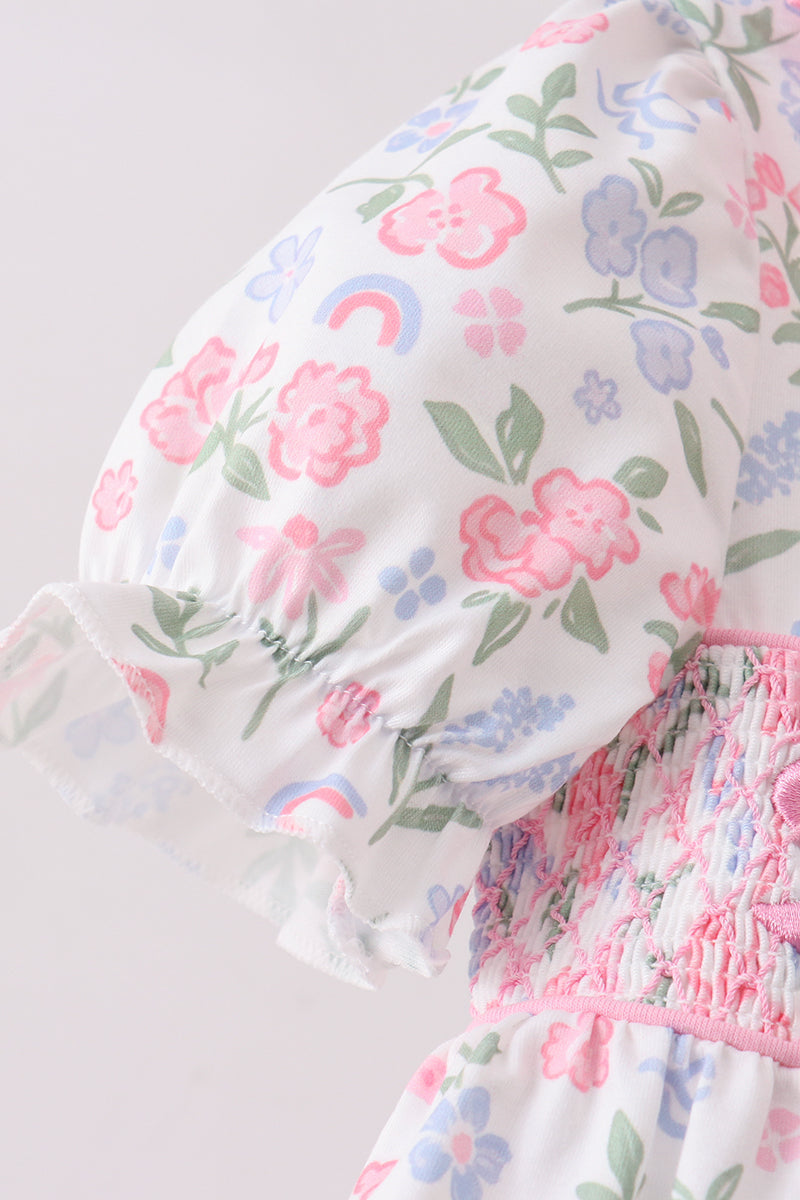 Ensemble barboteuse à smocks et volants, imprimé floral rose