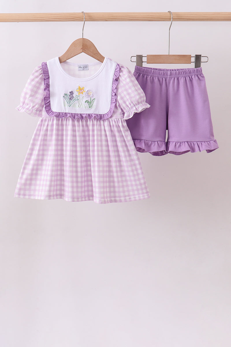 Ensemble short à volants vichy brodé floral violet