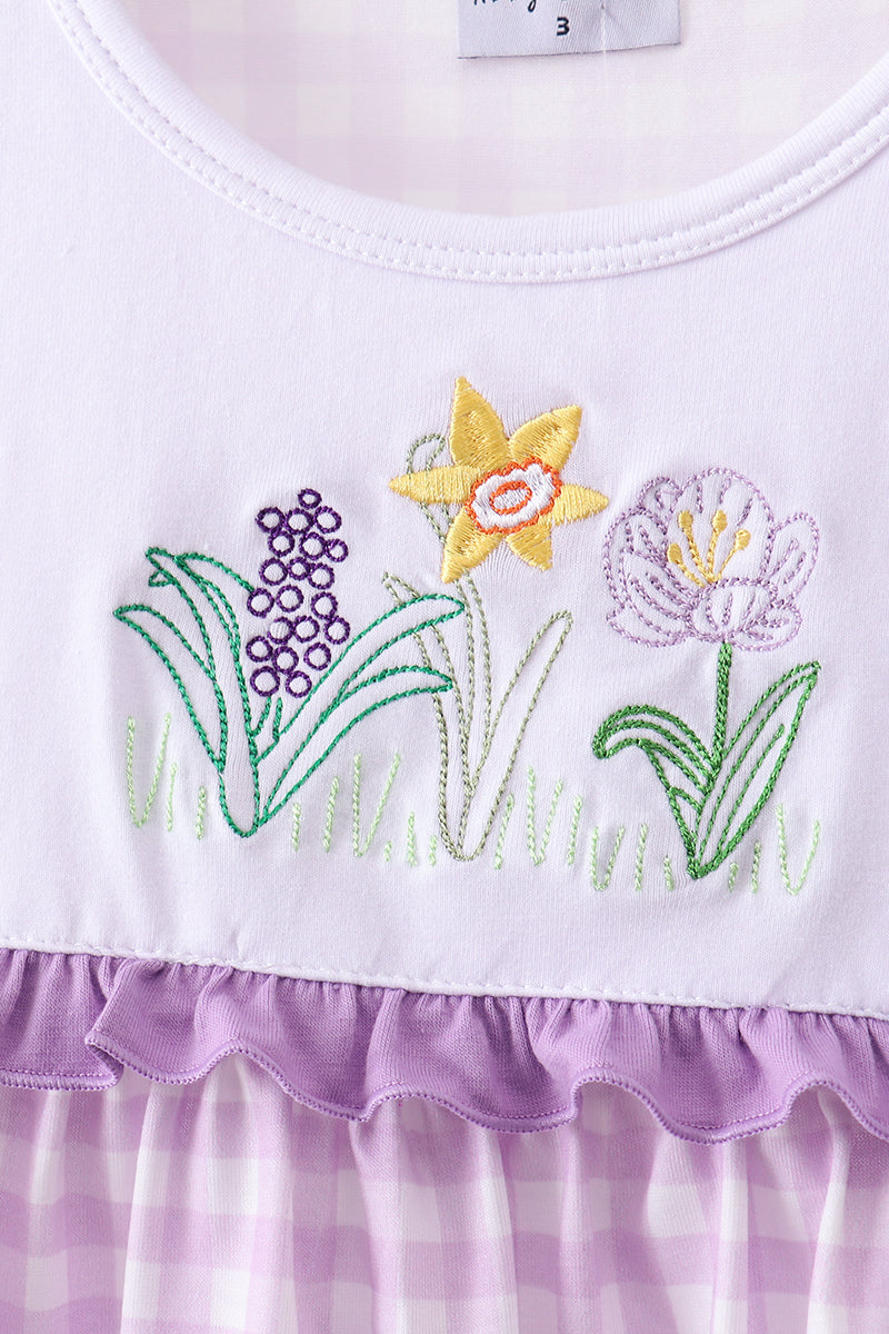 Ensemble short à volants vichy brodé floral violet
