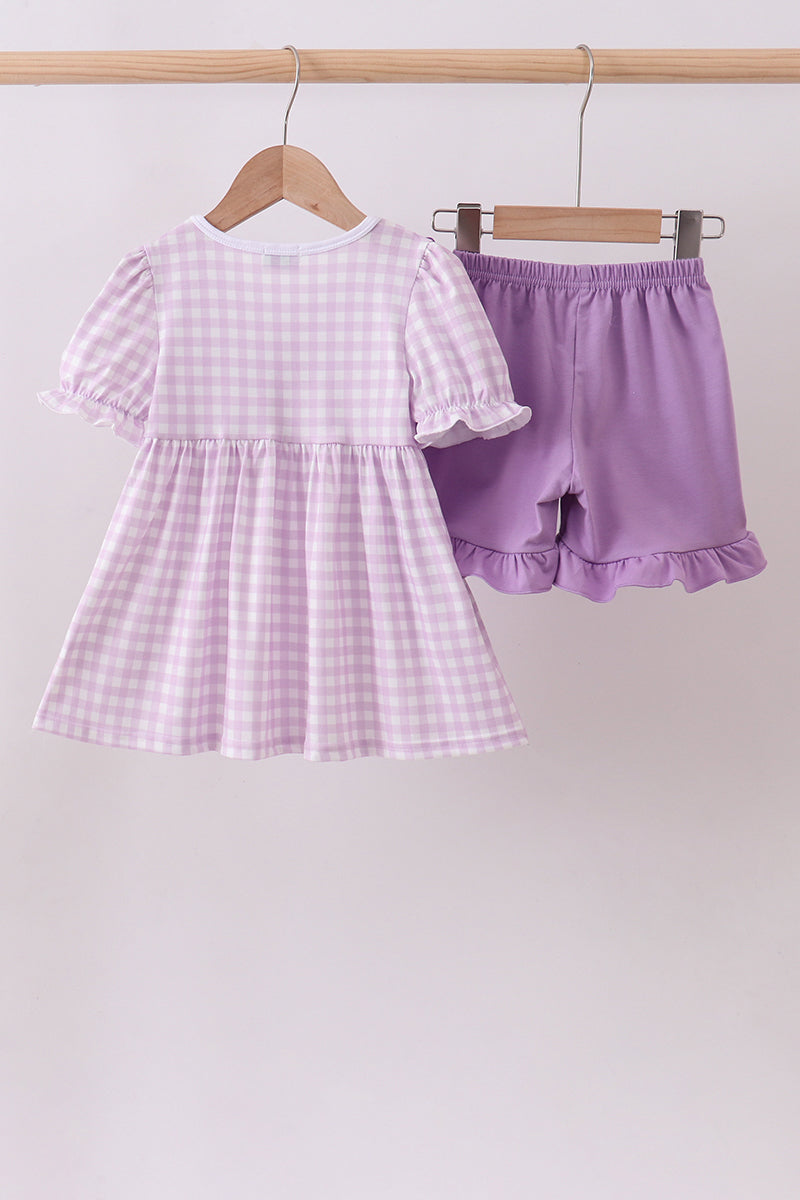 Ensemble short à volants vichy brodé floral violet