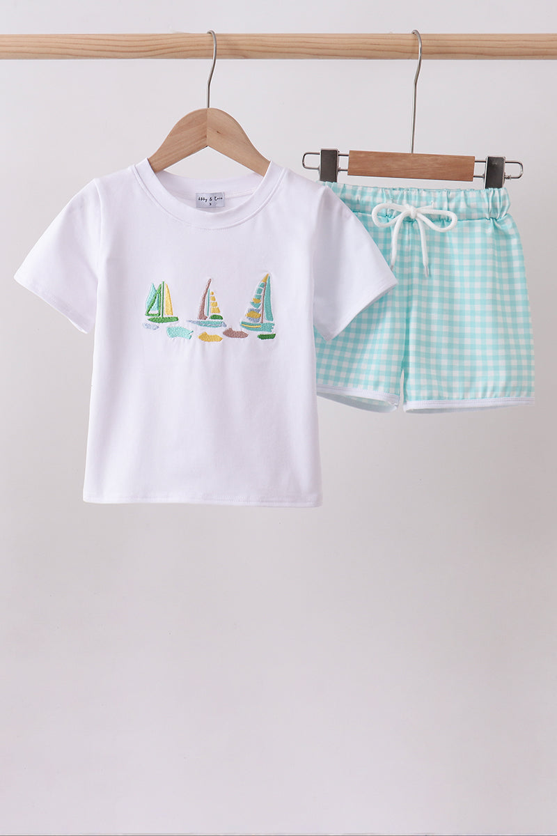 Ensemble short brodé voilier blanc