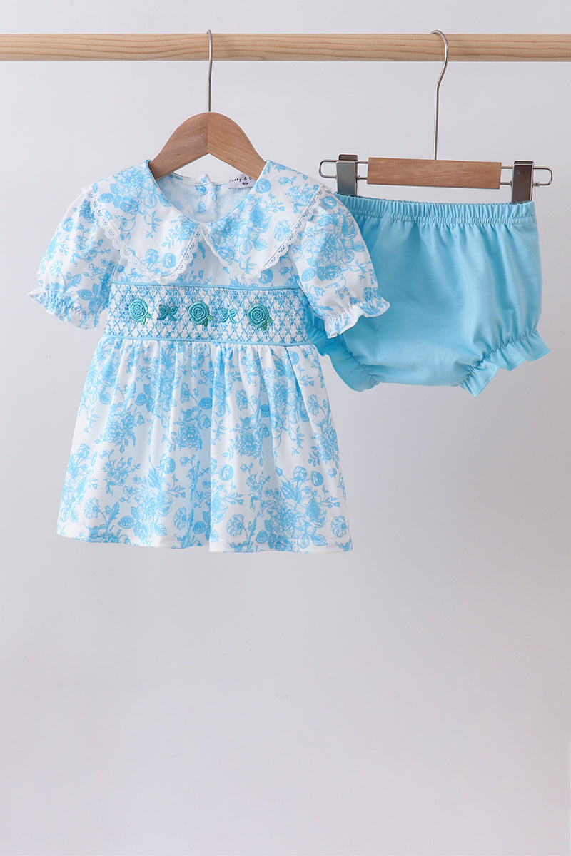 Ensemble bloomer smocké rose bleu