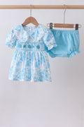 Ensemble bloomer smocké rose bleu