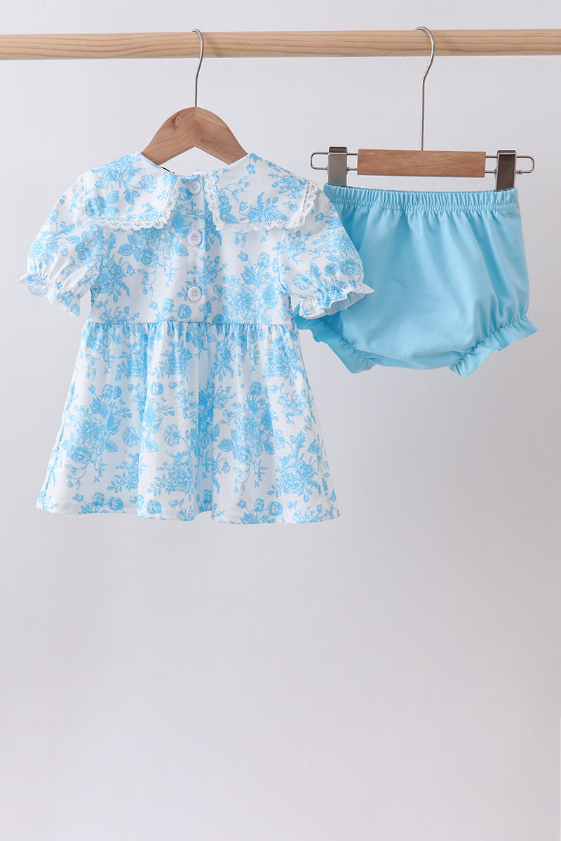 Ensemble bloomer smocké rose bleu