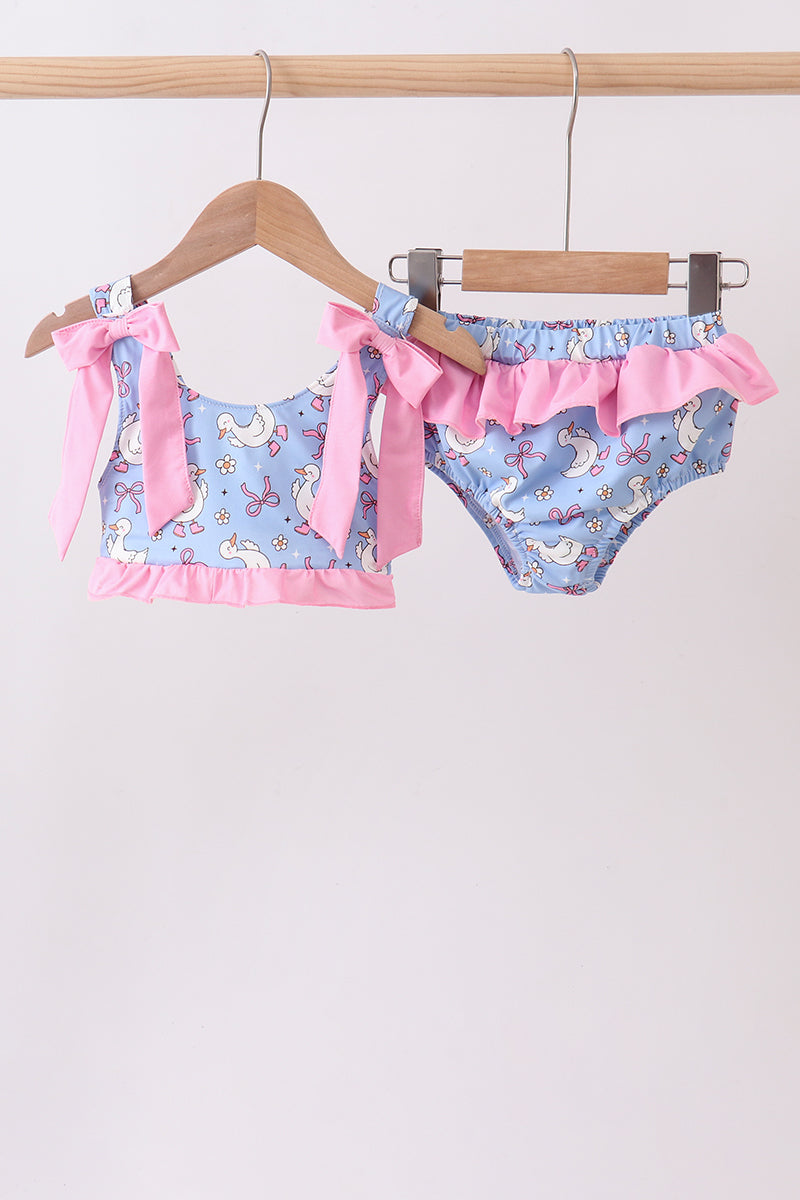 Maillot de bain 2 pièces à volants et nœud, imprimé canard violet