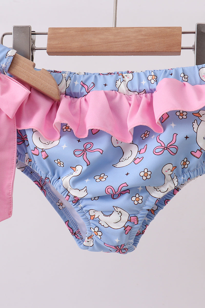 Maillot de bain 2 pièces à volants et nœud, imprimé canard violet