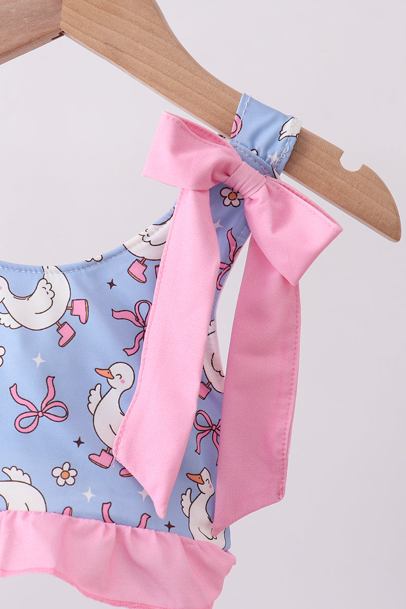 Maillot de bain 2 pièces à volants et nœud, imprimé canard violet
