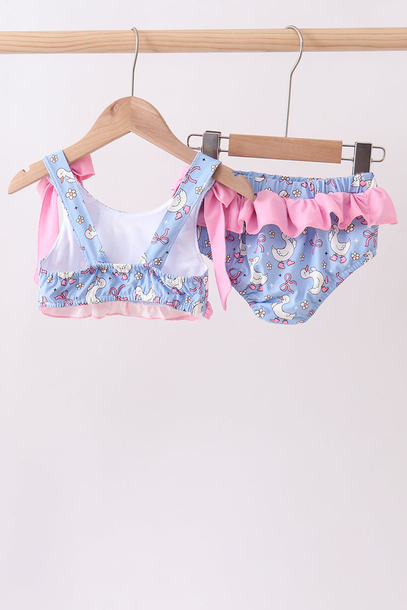 Maillot de bain 2 pièces à volants et nœud, imprimé canard violet
