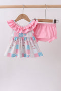 Ensemble bloomer rose à volants fleuri et patchwork