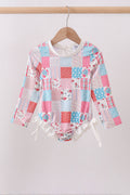 Haut de protection anti-UV à volants, motif patchwork floral rose