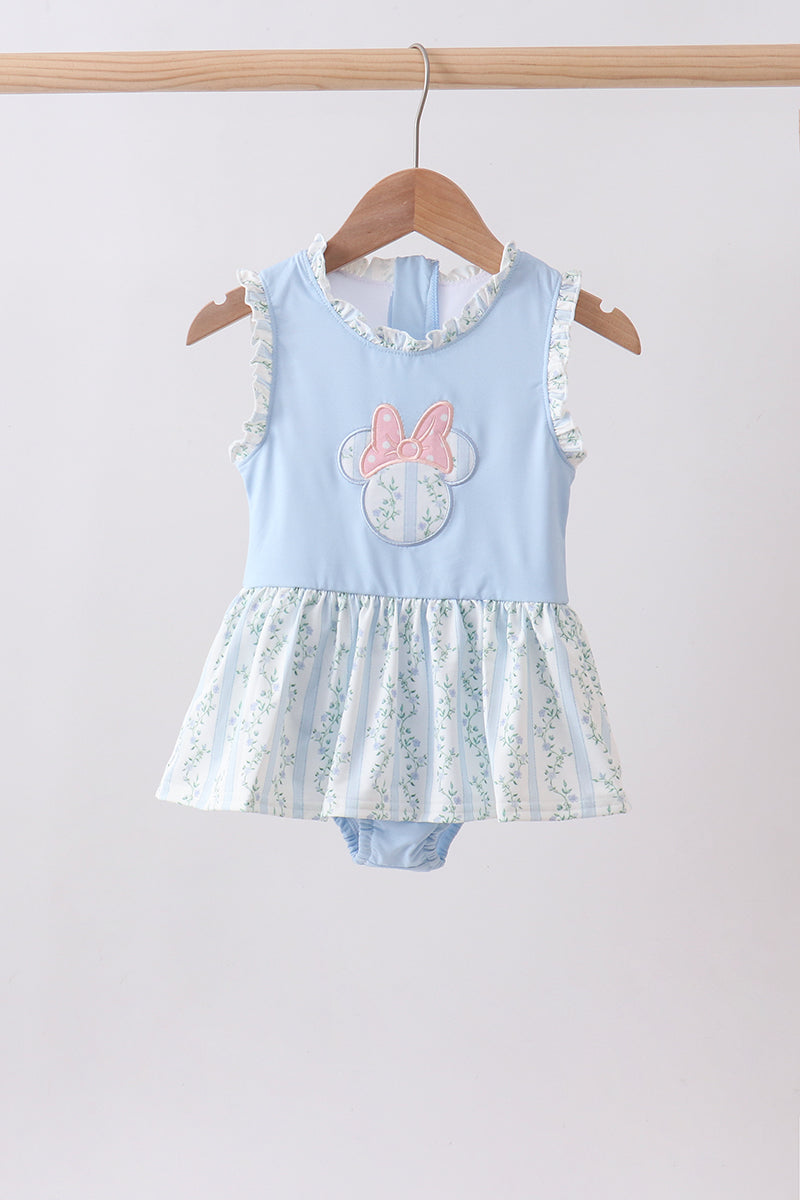 Maillot de bain une pièce à volants avec applique personnage bleu