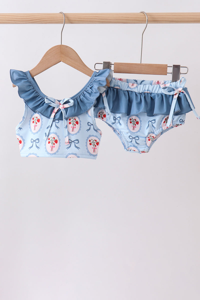 Maillot de bain 2 pièces fraise bleue à nœud et volants