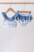 Maillot de bain 2 pièces fraise bleue à nœud et volants