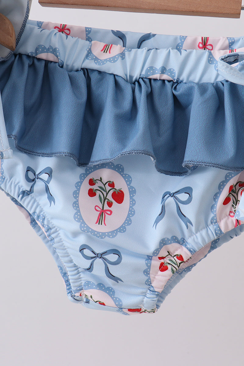 Maillot de bain 2 pièces fraise bleue à nœud et volants