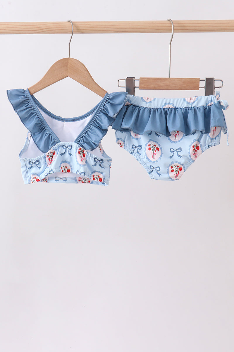 Maillot de bain 2 pièces fraise bleue à nœud et volants