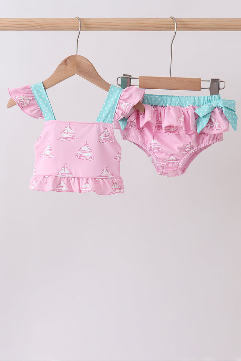 Maillot de bain 2 pièces à volants imprimé bateau à voile rose