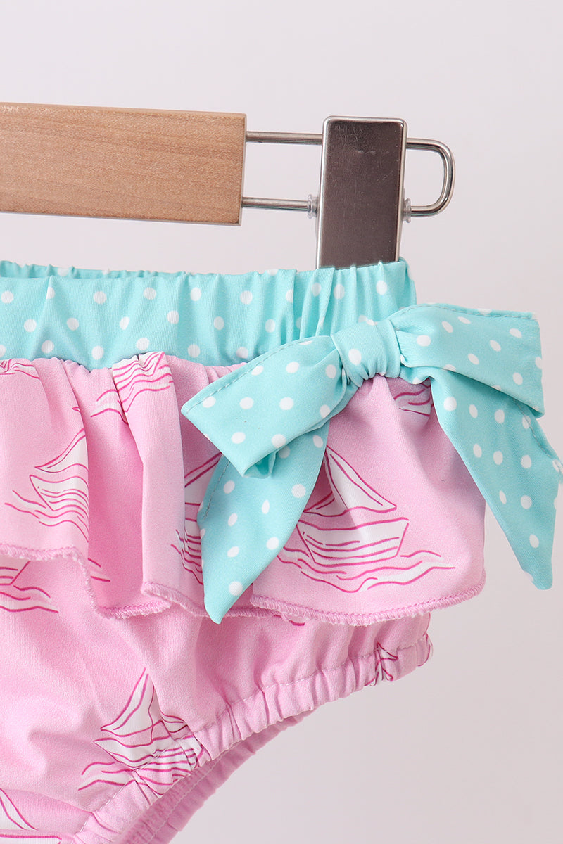 Maillot de bain 2 pièces à volants imprimé bateau à voile rose