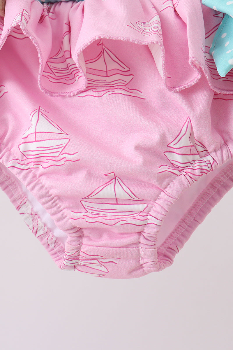 Maillot de bain 2 pièces à volants imprimé bateau à voile rose