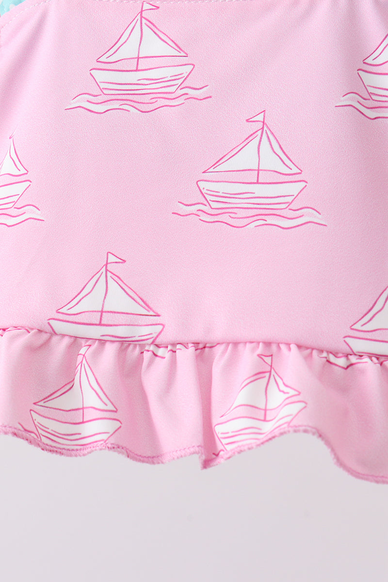 Maillot de bain 2 pièces à volants imprimé bateau à voile rose