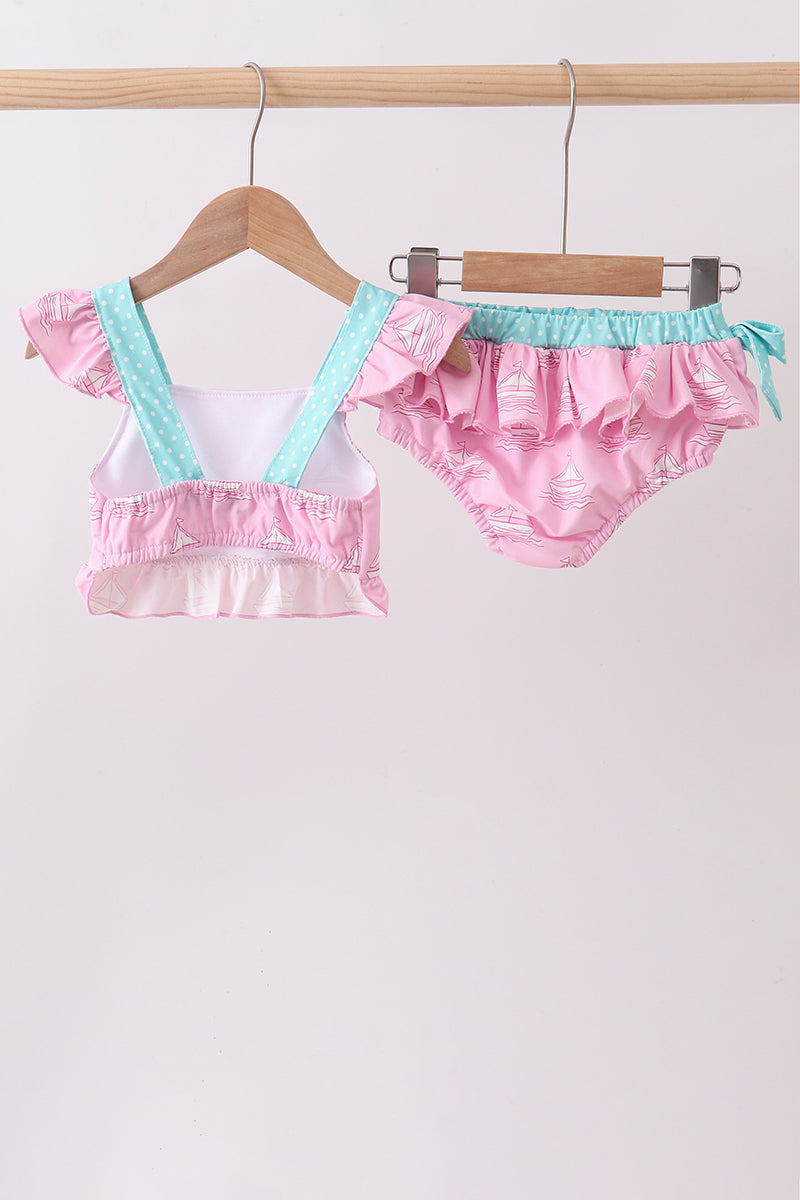 Maillot de bain 2 pièces à volants imprimé bateau à voile rose