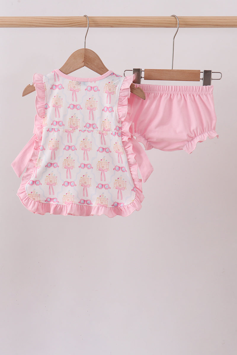 Ensemble bloomer à volants château et nœud rose