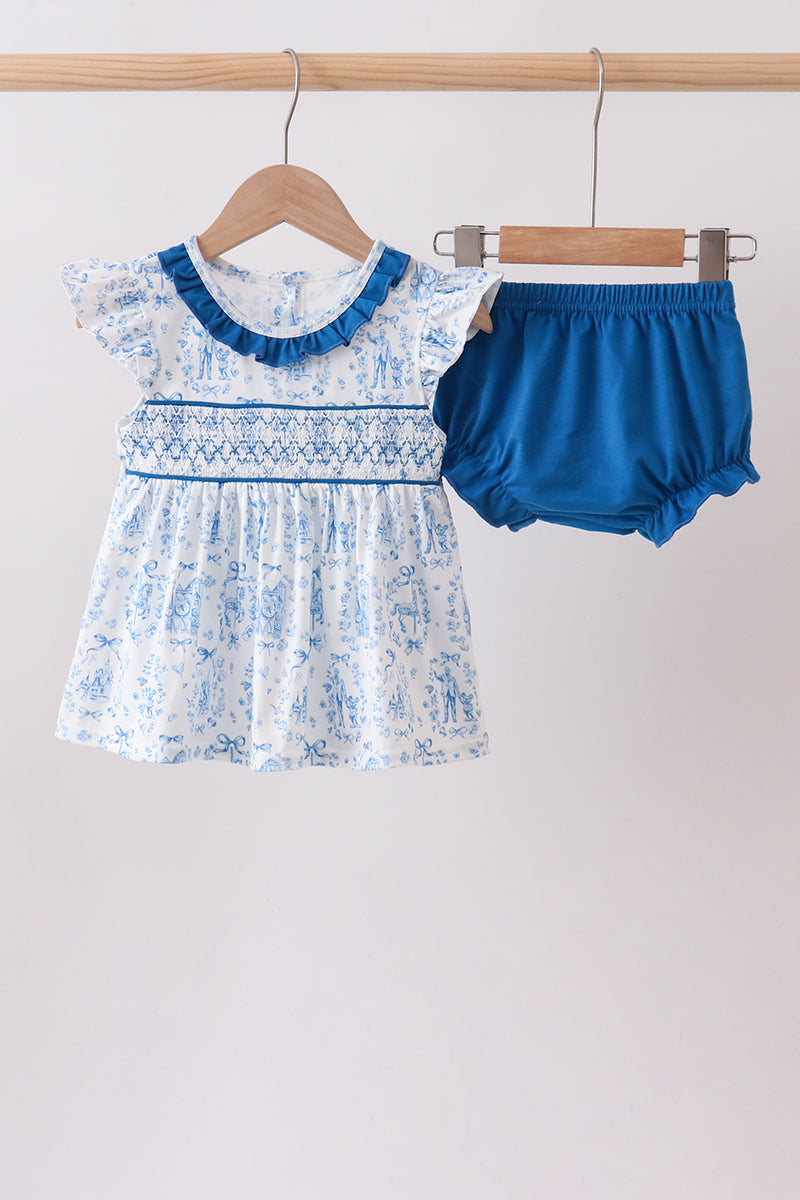 Ensemble Barboteuse Smockée Volants Château Bleu