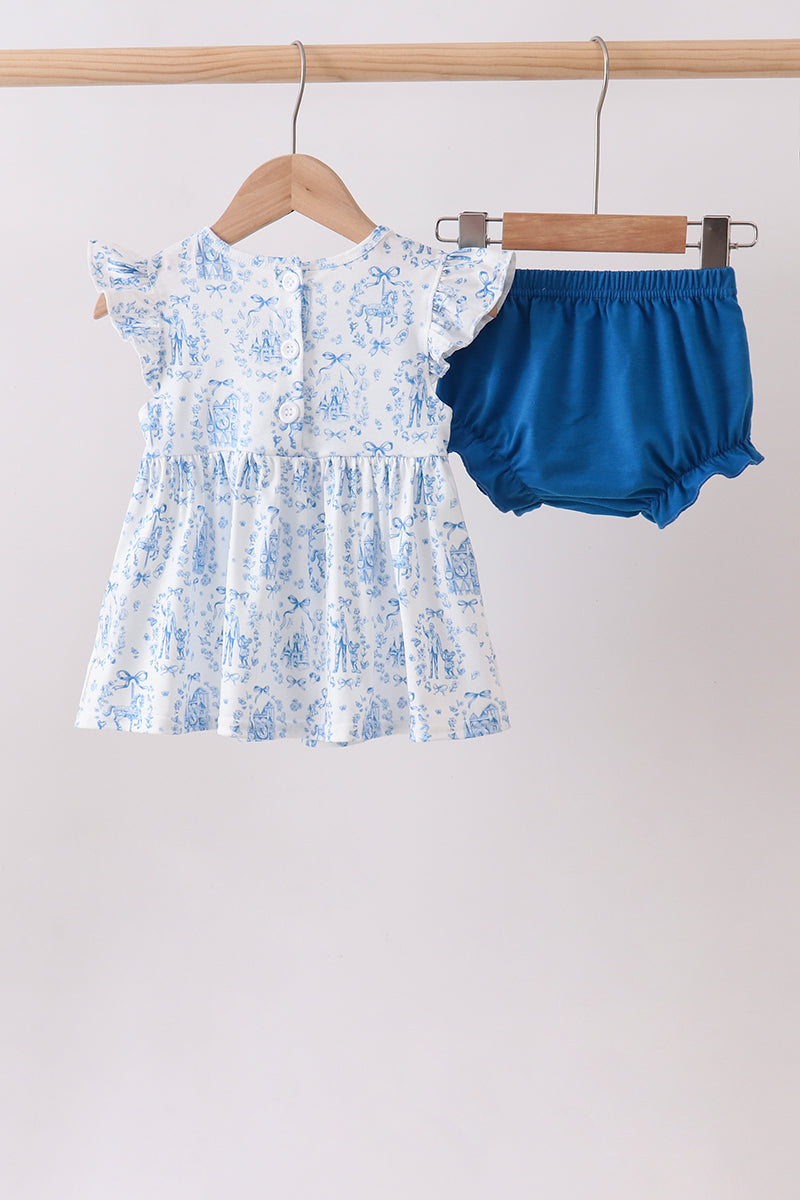 Ensemble Barboteuse Smockée Volants Château Bleu