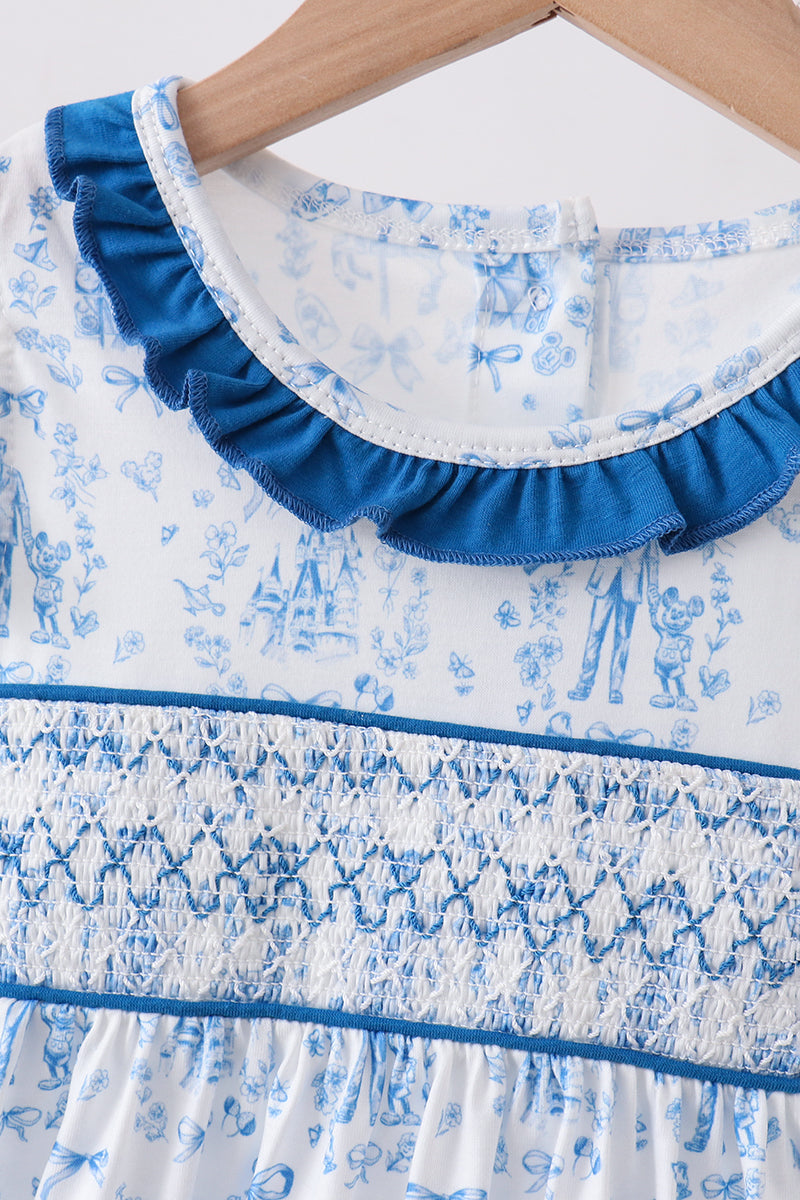 Ensemble Barboteuse Smockée Volants Château Bleu
