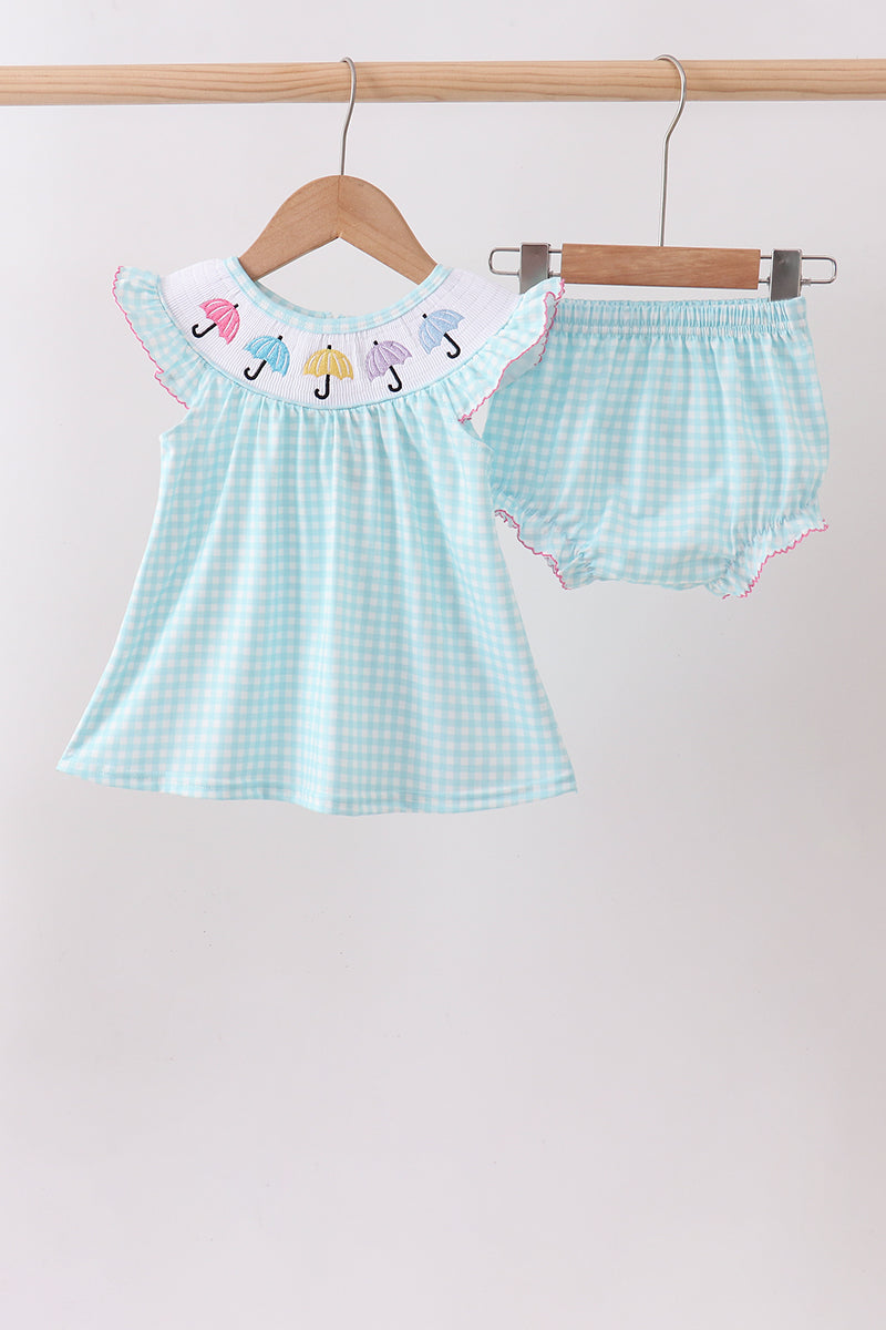 Ensemble barboteuse smockée parapluie bleu