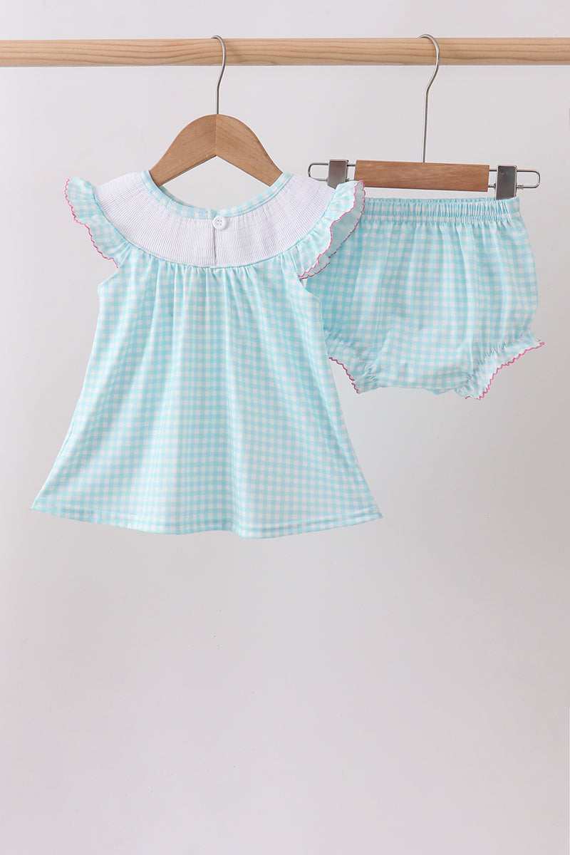 Ensemble barboteuse smockée parapluie bleu
