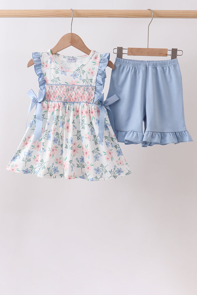 Ensemble à volants smocké fleuri bleu