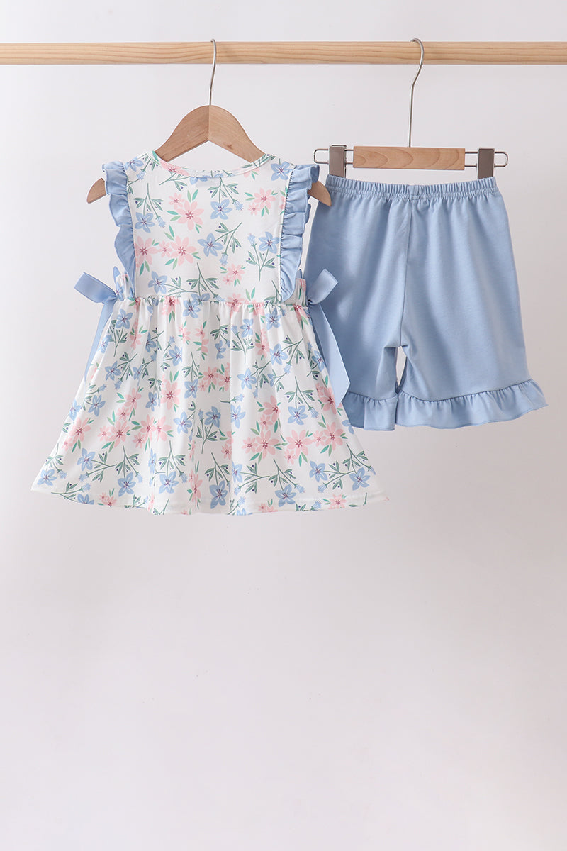 Ensemble à volants smocké fleuri bleu