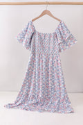 Robe smockée fleurie bleue pour femme