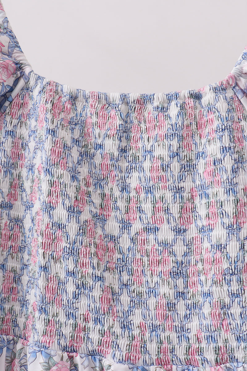 Robe smockée fleurie bleue pour femme