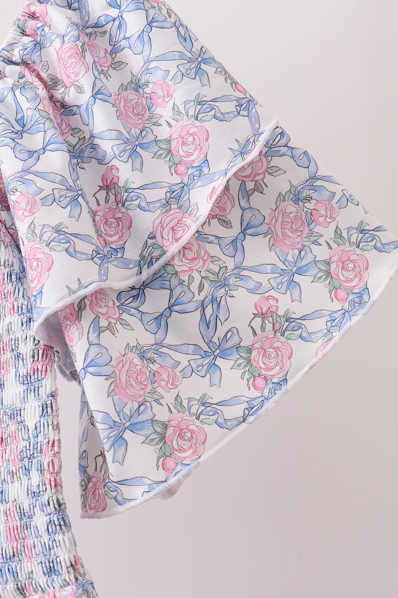 Robe smockée fleurie bleue pour femme