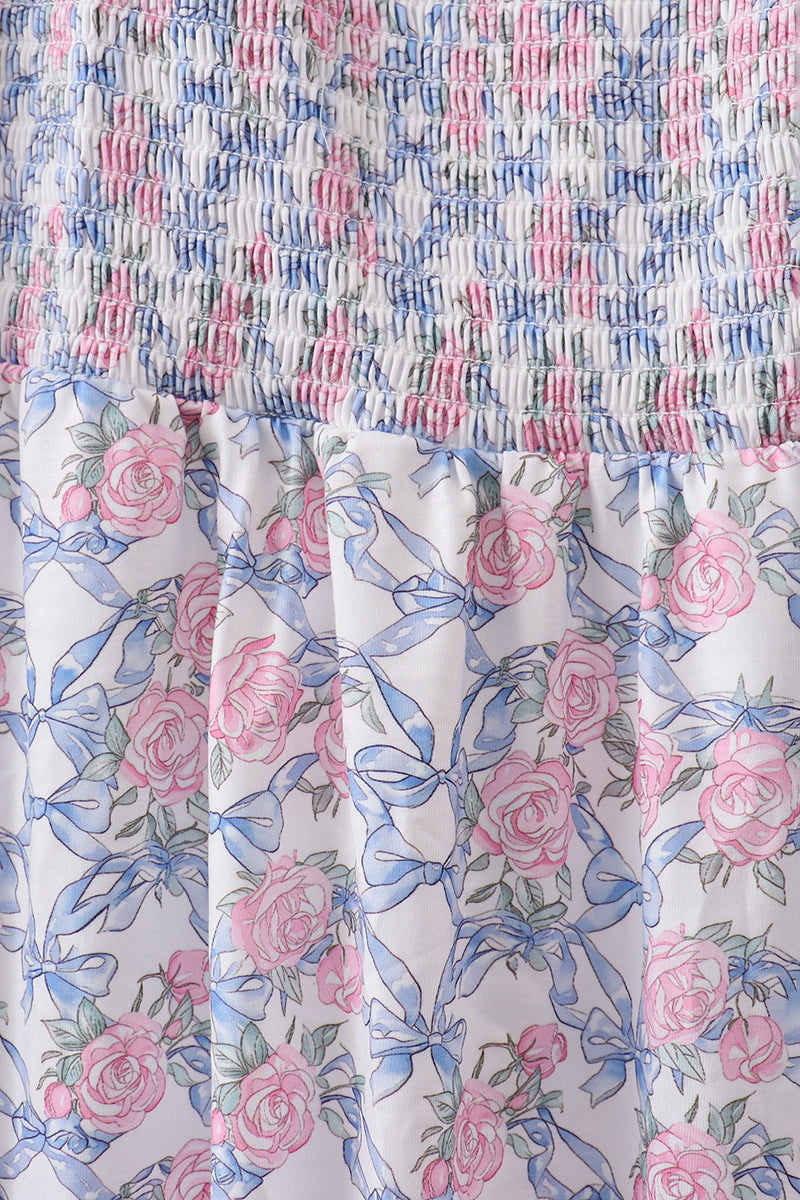 Robe smockée fleurie bleue pour femme